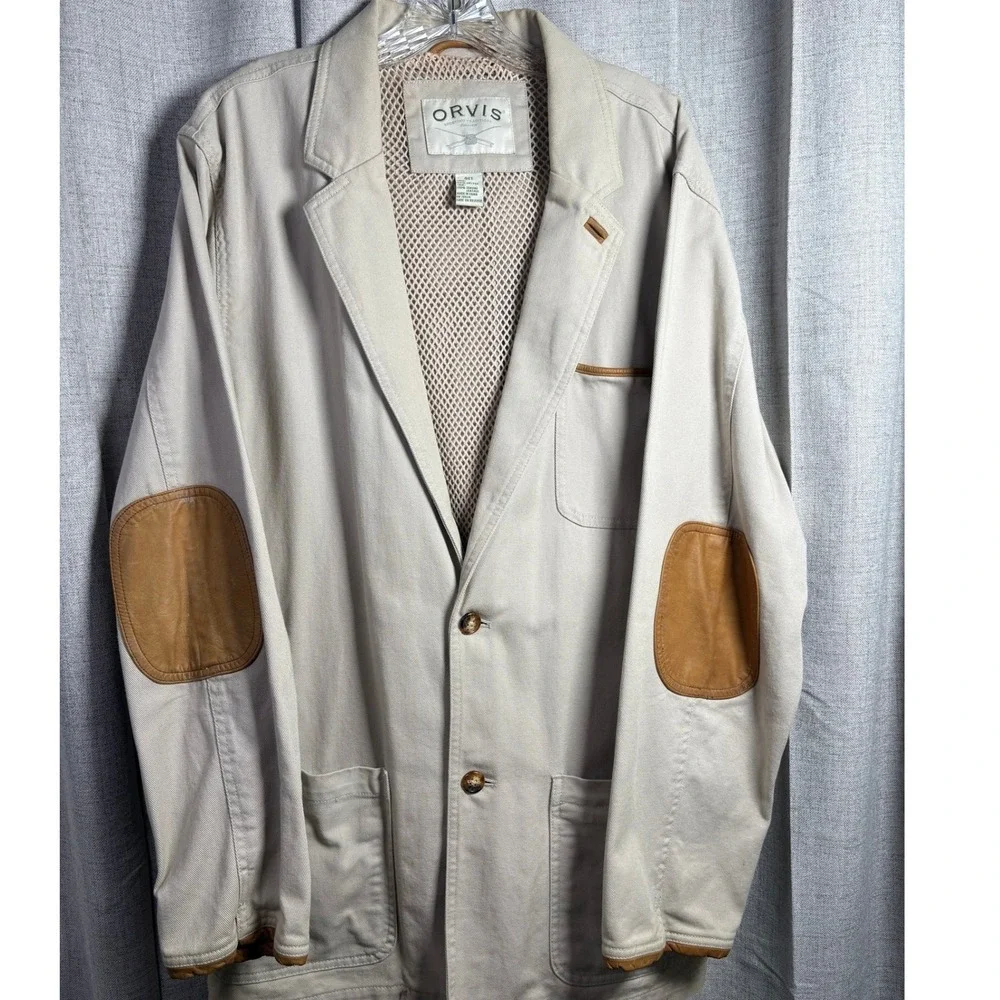 Orvis Mens 46T Cotton Field Jacket Leather Elbow Patches Khaki Tan Sport Coat